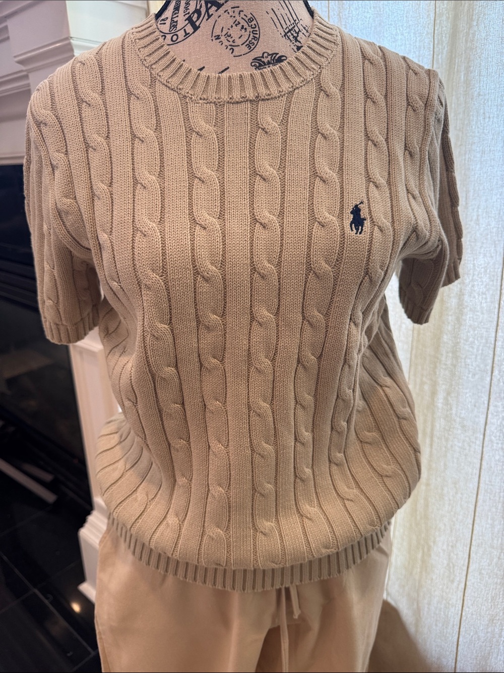 Ralph Lauren Beige Cable-Knit Short Sleeve Crewneck Sweater